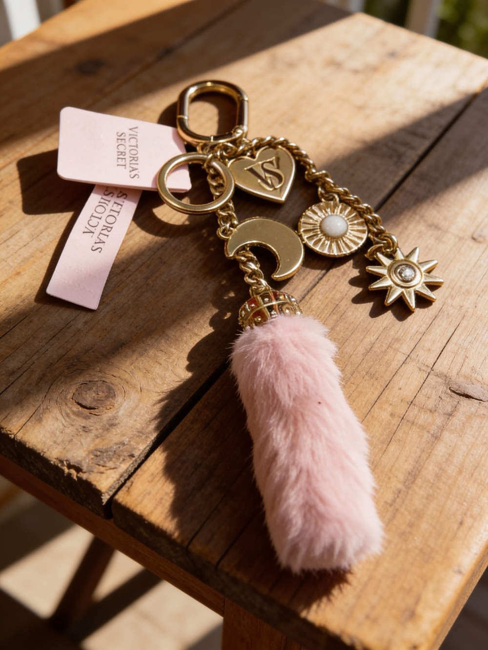 Victoria's Secret Pink Faux Fur Tassel Keychain with Gold Charms